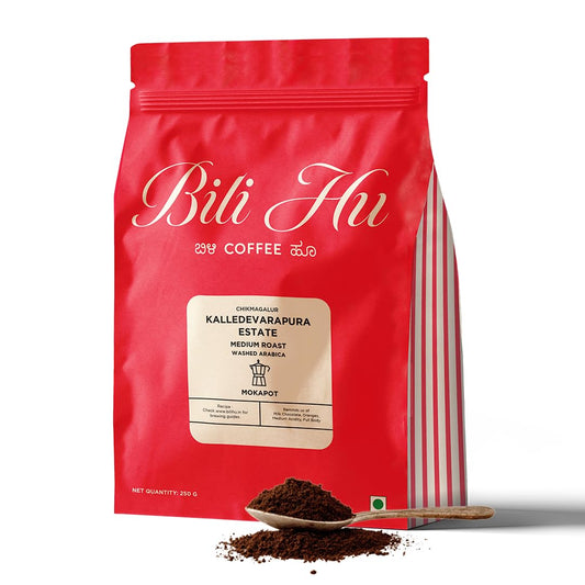 Bili Hu Coffee, Mokapot Grind Kalledevarapura Estate, Arabica Blend, Medium Roast, (Pack of 1, 250 Gram)