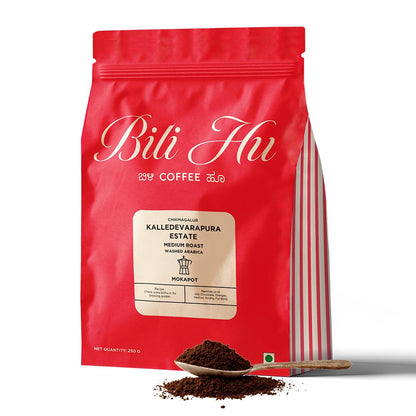 Bili Hu Coffee, Mokapot Grind Kalledevarapura Estate, Arabica Blend, Medium Roast, (Pack of 1, 250 Gram)