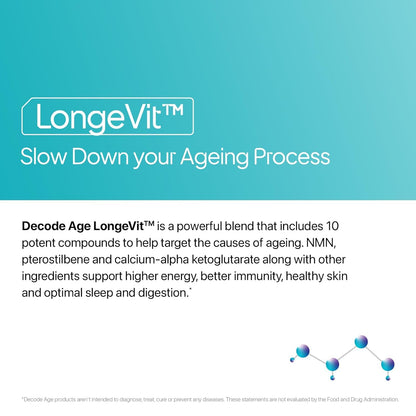 Decode Age LongeVit Healthy Ageing Supplement - Bottle of 30 Veg Capsules