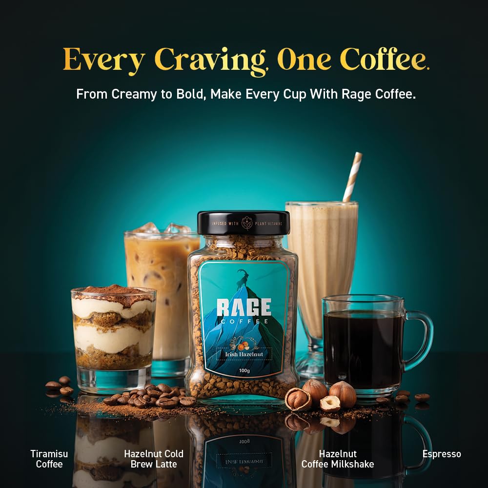 RAGE COFFEE Irish Hazelnut - Flavored Instant Coffee Powder for both Hot & Cold Coffee, 100% Single Origin Arabica Coffee Beans Powder (IRISH HAZELNUT, 50g)