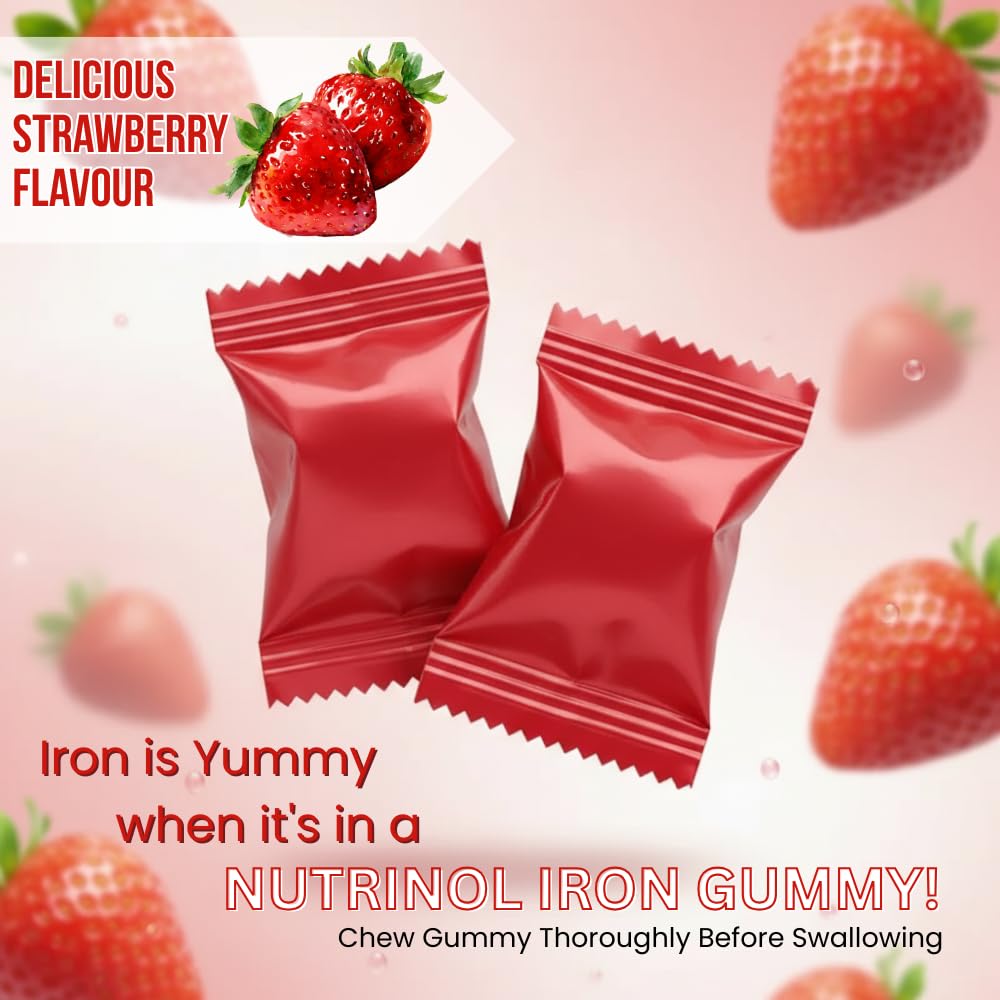 Knoll Healthcare Nutrinol Iron Gummies With Folic Acid & Vitamin E | Strawberry Flavour | No Sugar Added | 30 Gummies | Supports Hemoglobin, Energy & Immunity (Pack Of 2)