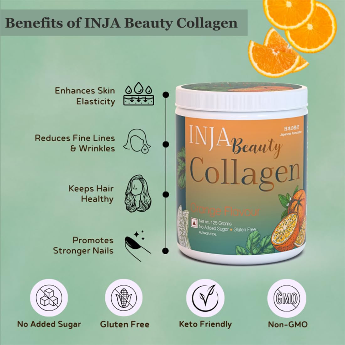 INJA Beauty Marine Collagen Powder for Women and Men, Japanese Formulation Collagen Supplement with Vitamin C, Supports Healthy Skin, Hair, Joints, Muscles, Sugar-Free, Gluten-Free, Orange Flavor, 125 gm