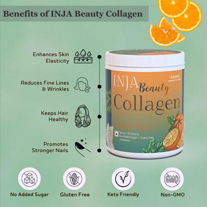 INJA Beauty Marine Collagen Powder for Women and Men, Japanese Formulation Collagen Supplement with Vitamin C, Supports Healthy Skin, Hair, Joints, Muscles, Sugar-Free, Gluten-Free, Orange Flavor, 125 gm