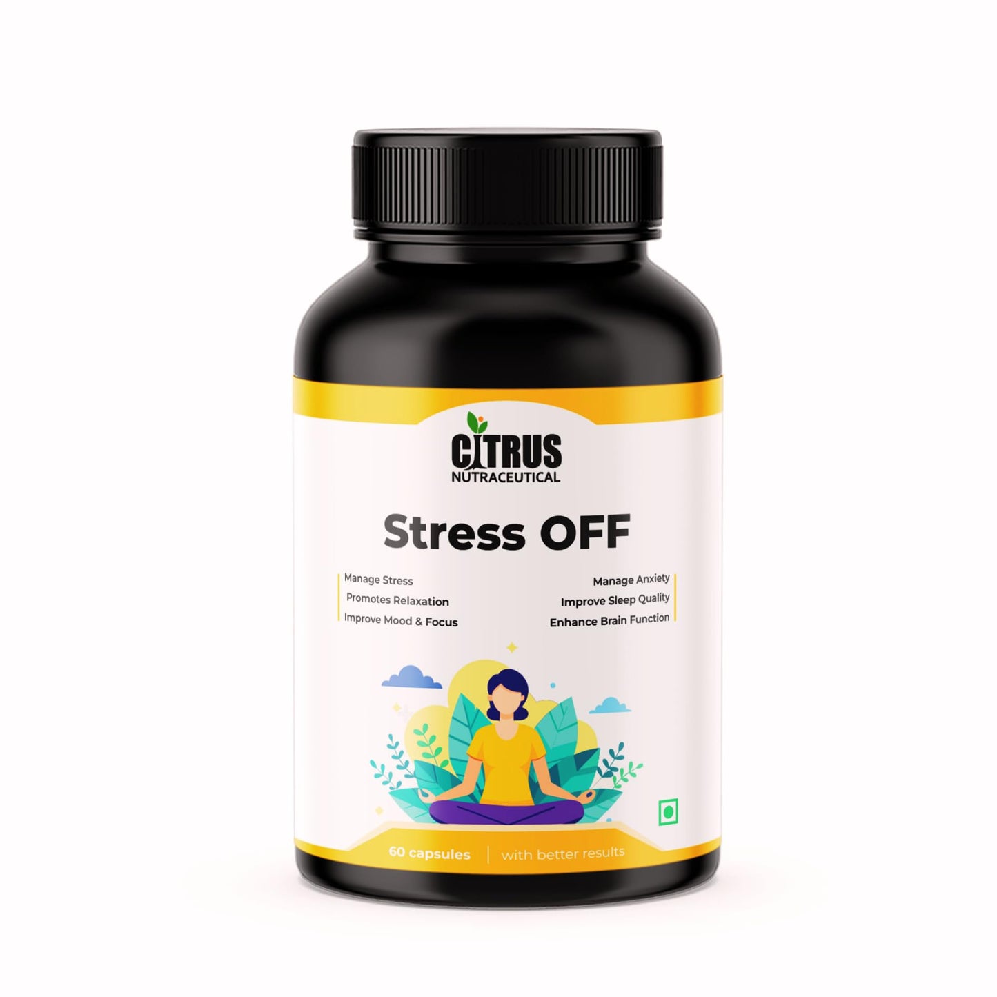CITRUS NUTRACEUTICAL Stress OFF with Ashwagandha, Rhodiola Rosea, Passion Flower, L-Theanine, GABA and 5-HTP | Supports Mental Health Relieve Stress Reduce Anxiety and Quality Sleep | 60 Capsules