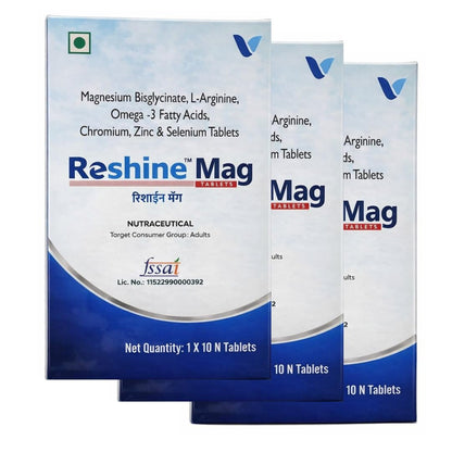 Reshine Mag Magnesium Bisglycinate Tablets (80 mg Elemental Magnesium) | For Sleep, Stress & Muscle Relaxation | Heart & Brain Support | With Omega-3, Zinc & Selenium | Pack of 3 (30 Tablets)