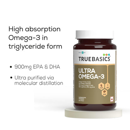 TrueBasics Ultra Omega 3 Fish Oil (90 Capsules) | Triple Strength with 1150mg Omega 3, 525mg EPA & 375mg DHA | For Heart, Joints & Brain Health