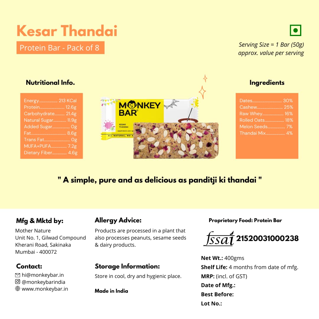 MONKEY BAR - Kesar Thandai Protein Bars - 8 Bars, 50g each, 13g Protein- image 2