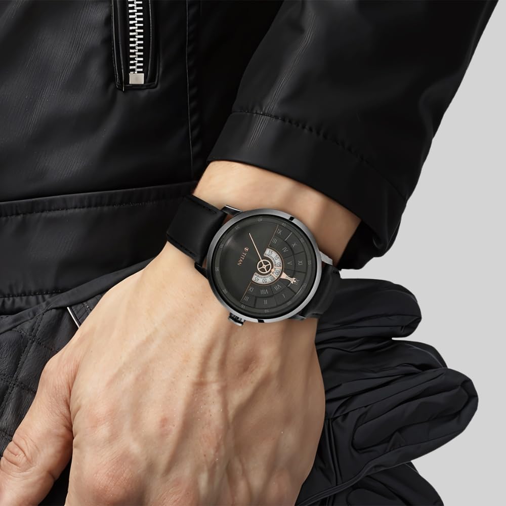 Titan Regalia Grandmaster Black Dial Quartz Analog Leather Strap Watch for Men-NS1828QL03