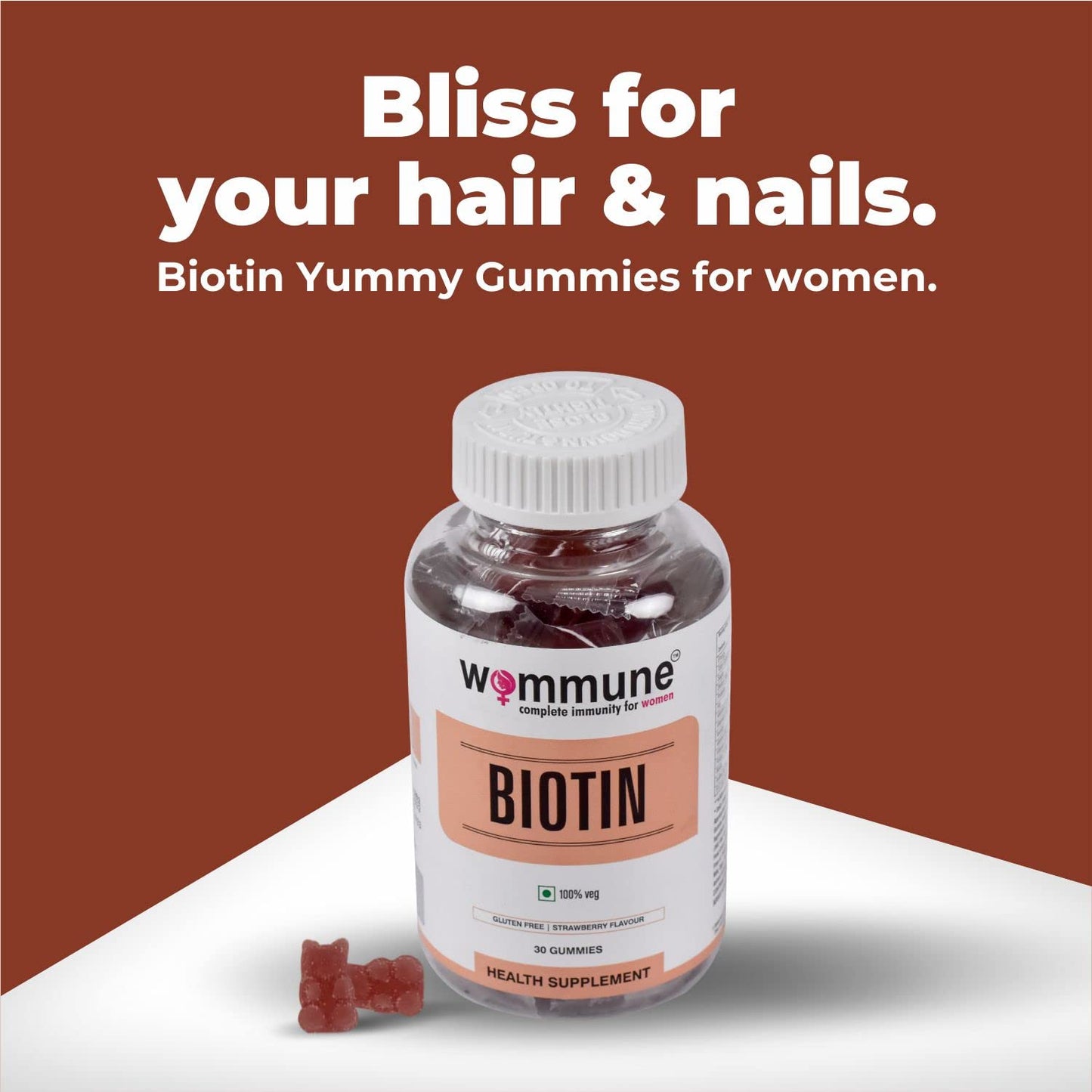 Wommune Biotin Gummies with Zinc, Vitamin C, A, D, E, B6, B12, B5 & Folic Acid for Hair, Skin & Nail Supplements | Strawberry Flavour | helps in Skin care & Hair Growth 30gummies