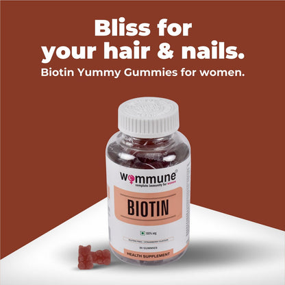 Wommune Biotin Gummies with Zinc, Vitamin C, A, D, E, B6, B12, B5 & Folic Acid for Hair, Skin & Nail Supplements | Strawberry Flavour | helps in Skin care & Hair Growth 30gummies