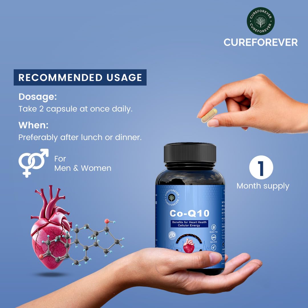 CUREFOREVER Coenzyme Q10 (CoQ10) | 400mg Supplement with BioPerine 10mg | Supports Heart Health and Vascular Health, Healthy Ageing, Cellular Energy Support, Antioxidant Formula – 60 Capsules