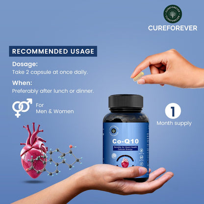 CUREFOREVER Coenzyme Q10 (CoQ10) | 400mg Supplement with BioPerine 10mg | Supports Heart Health and Vascular Health, Healthy Ageing, Cellular Energy Support, Antioxidant Formula – 60 Capsules