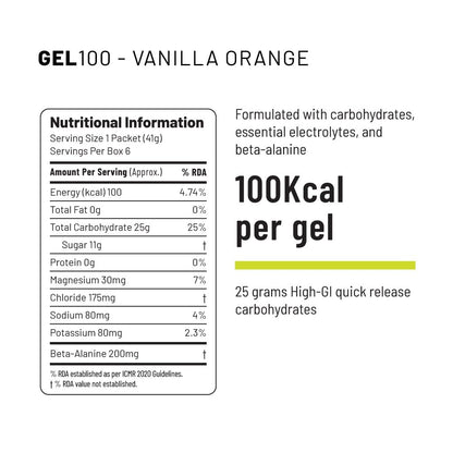 Unived Gel 100 - Energy Gel for Endurance Athletes Runners & Cyclists - 100kcal - Vanilla Orange - Pack of 6