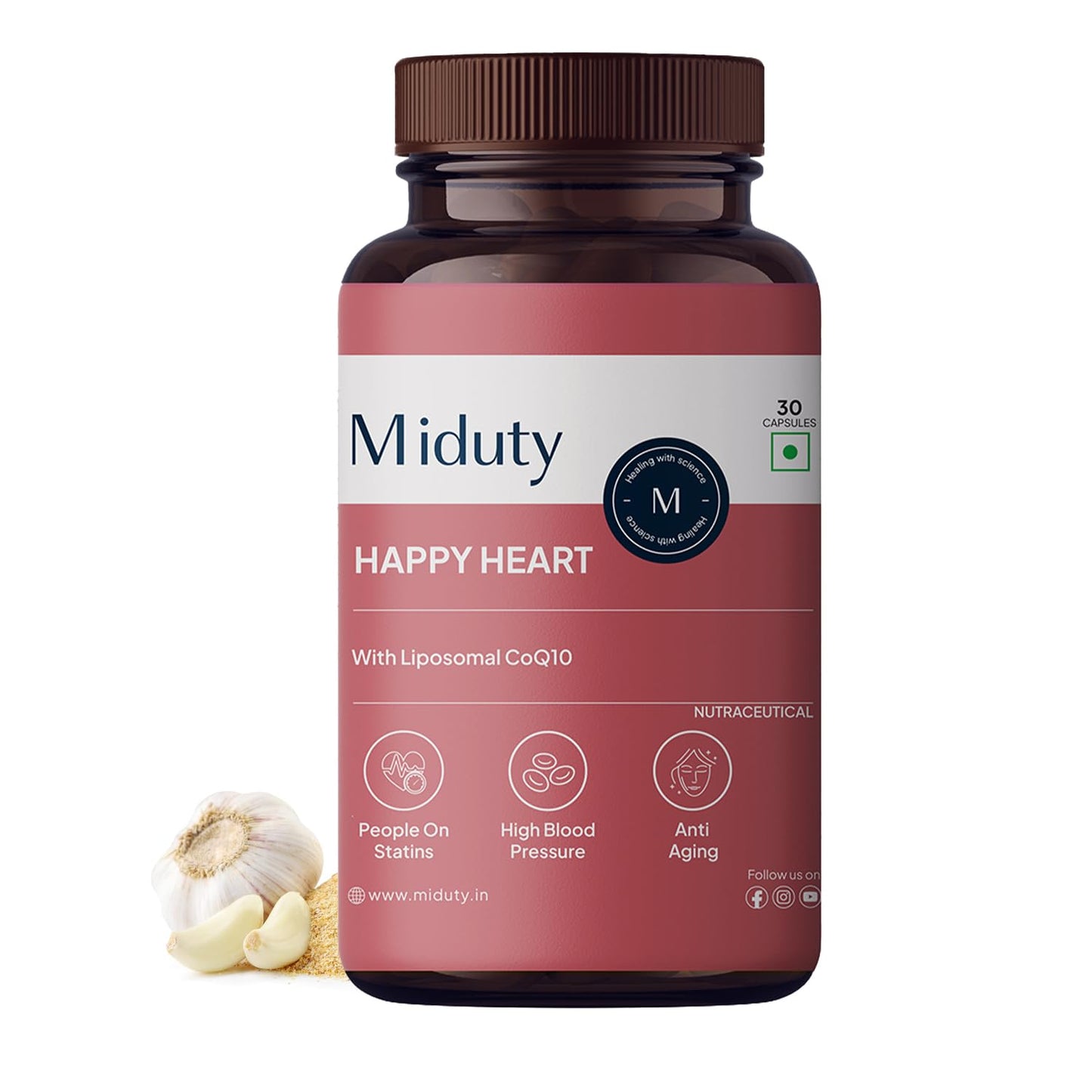 Miduty Happy Heart - Liposomal High Absorption CoQ10-300 mg With Methyl Folate, D-Chiro-Inositol, Magnesium | Helps in Blood Pressure Control & Heart Health Supplement - 30 Capsules