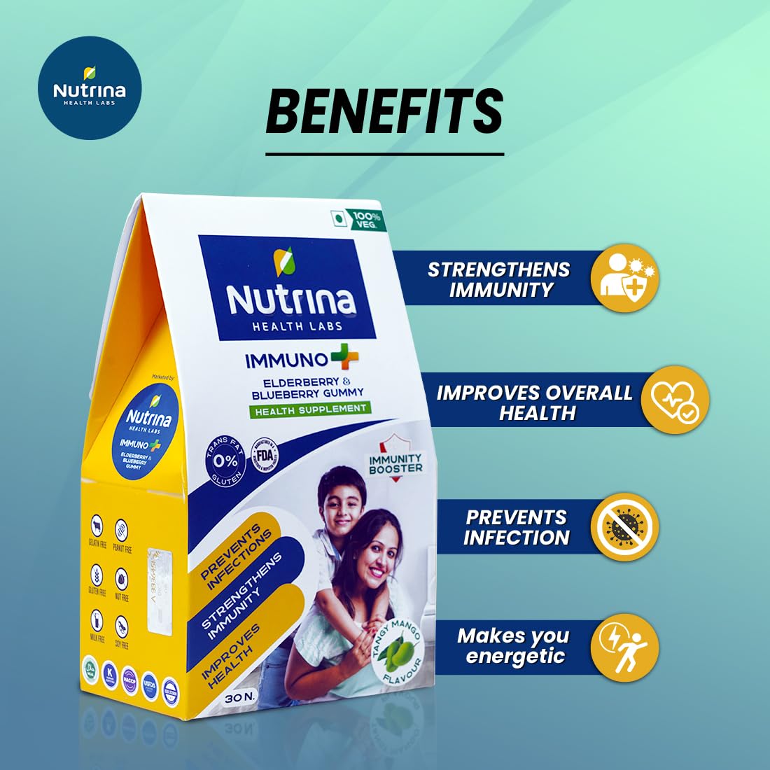 Nutrina Health Labs Immuno Plus Gummies for Men And Women Elderberry, Blueberry Extract, Vitamin C and Zinc Boosts Immunity And Prevents Infections 30 Gummies (Pack of 1)