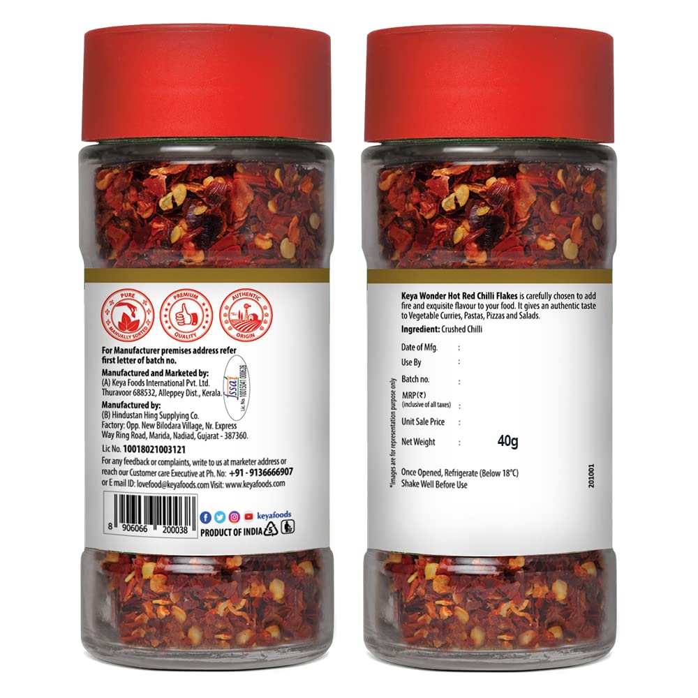 Keya Red Chilli Flakes | Dry Red Chilli Flakes Seasonings | Aromatic Spicy Dried Pizza Pasta Seasoning | Zero added Colours, Fillers, Additives & Preservatives | 100% Natural | 40gm