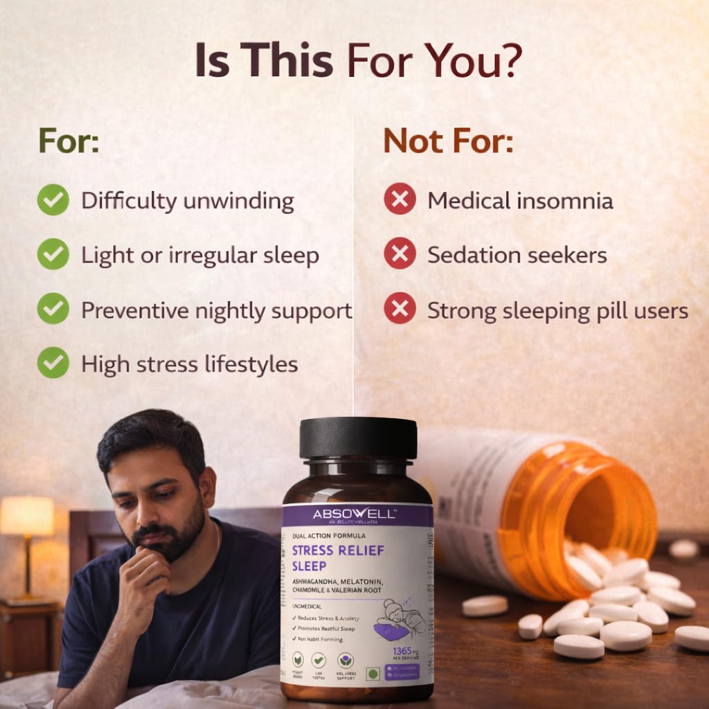 Absowell Stress & Sleep Relief | 60 Veg Capsules | Ashwagandha 300mg, L-Theanine 200mg, Valerian, Chamomile & Melatonin 3mg | Natural Non-Habit Forming Sleep Aid & Stress Relief Supplement