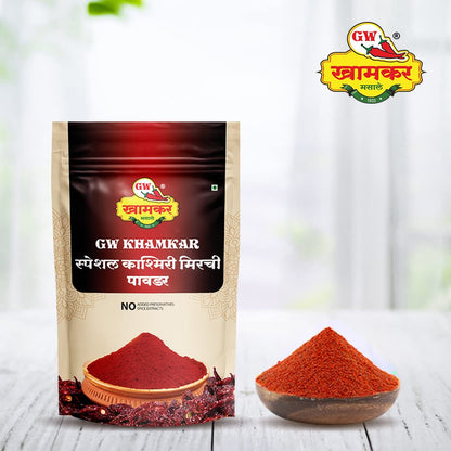 GW Khamkar Special Kashmiri Mirchi Powder | Sorted Stemless Chillies | Export Quality | Rich in Aroma & Colour | Traditionally Pounded | Cold Pressed | Pure & Natural Spices | No Artificial colour and Preservatives | Pack of 1- 185GM
