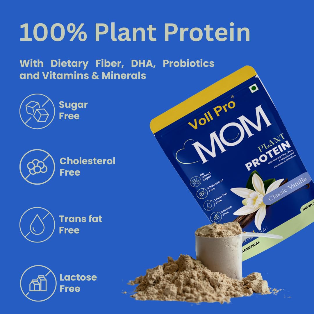 Voll Pro MOM Plant Protein Powder 200g | Classic Vanilla Flavour | Plant-Based Protein With Dietary Fiber, DHA ,Vitamins & Minerals | No Added Sugar | Lactose Free |Cholesterol & Trans Fat Free | Easy To Digest