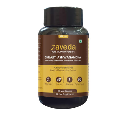 ZAVEDA Shilajit Ashwagandha Kounch beej Safed Musli Capsules For Men | 60 Capsul