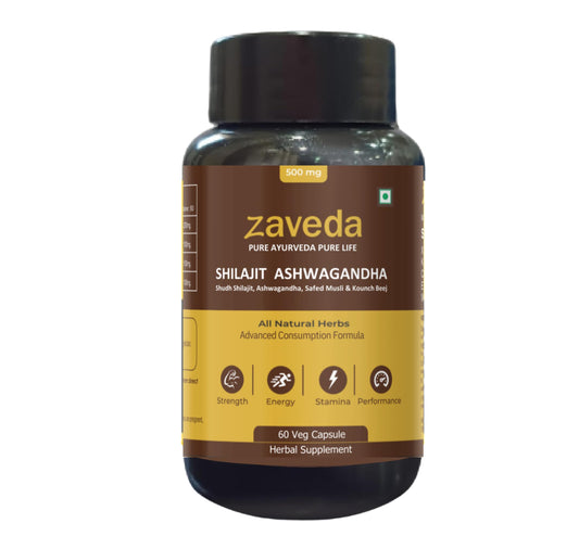 ZAVEDA Shilajit Ashwagandha Kounch beej Safed Musli Capsules For Men | 60 Capsul