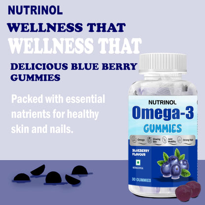 Knoll Healthcare Nutrinol Organics Vegan Omega-3 Flaxseed (145mg) Healthy Bones, Hair & Skin Glwing Skin Joint Strong Hair Veg Soft Gummies for Women & Men (Blueberry Flavour) 30 Gummies