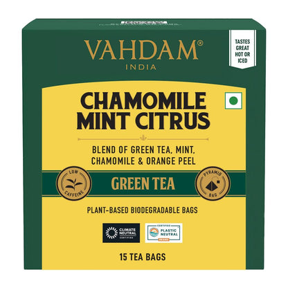 VAHDAM Chamomile Mint Citrus Green Tea | 15 Tea Bags | Refreshing Wellness Green Tea Blend with Real Chamomile, Spearmint & Lemongrass | Calming, Antioxidant Green Tea | Non-GMO, Gluten-Free