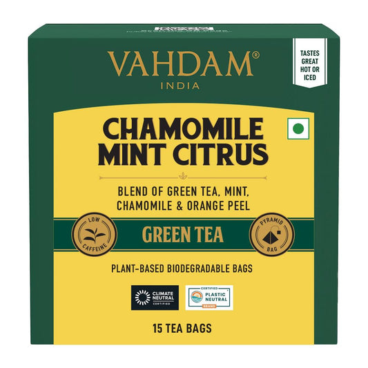 VAHDAM Chamomile Mint Citrus Green Tea | 15 Tea Bags | Refreshing Wellness Green Tea Blend with Real Chamomile, Spearmint & Lemongrass | Calming, Antioxidant Green Tea | Non-GMO, Gluten-Free