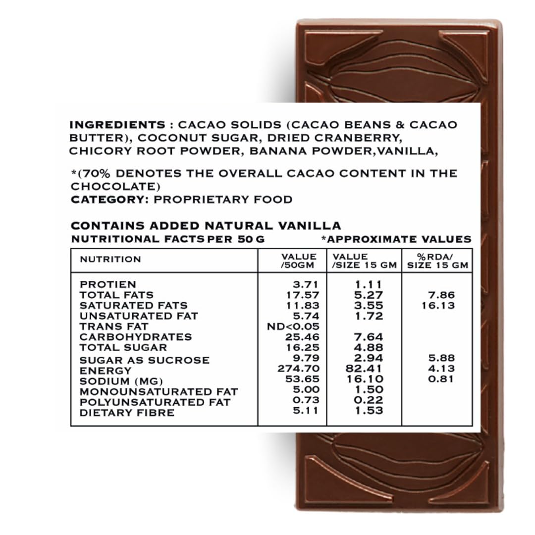 Ambriona 70% Dark Chocolate with Cranberries | Vegan & Gluten Free Dark Chocolate Bar | Sweetened with Coconut Sugar | Low GI | Added Fibre | Gut Friendly | 50 g