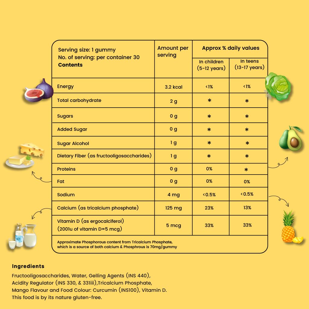 Athlete Kids Calcium + Vitamin D + Prebiotics Gummies | 0 Sugar | Bone Strength, Growth & Teeth Health | 5-15 Years | Mighty Mango Flavor | 30 Gummies | The Wise Tortoise TWT