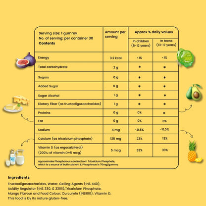 Athlete Kids Calcium + Vitamin D + Prebiotics Gummies | 0 Sugar | Bone Strength, Growth & Teeth Health | 5-15 Years | Mighty Mango Flavor | 30 Gummies | The Wise Tortoise TWT