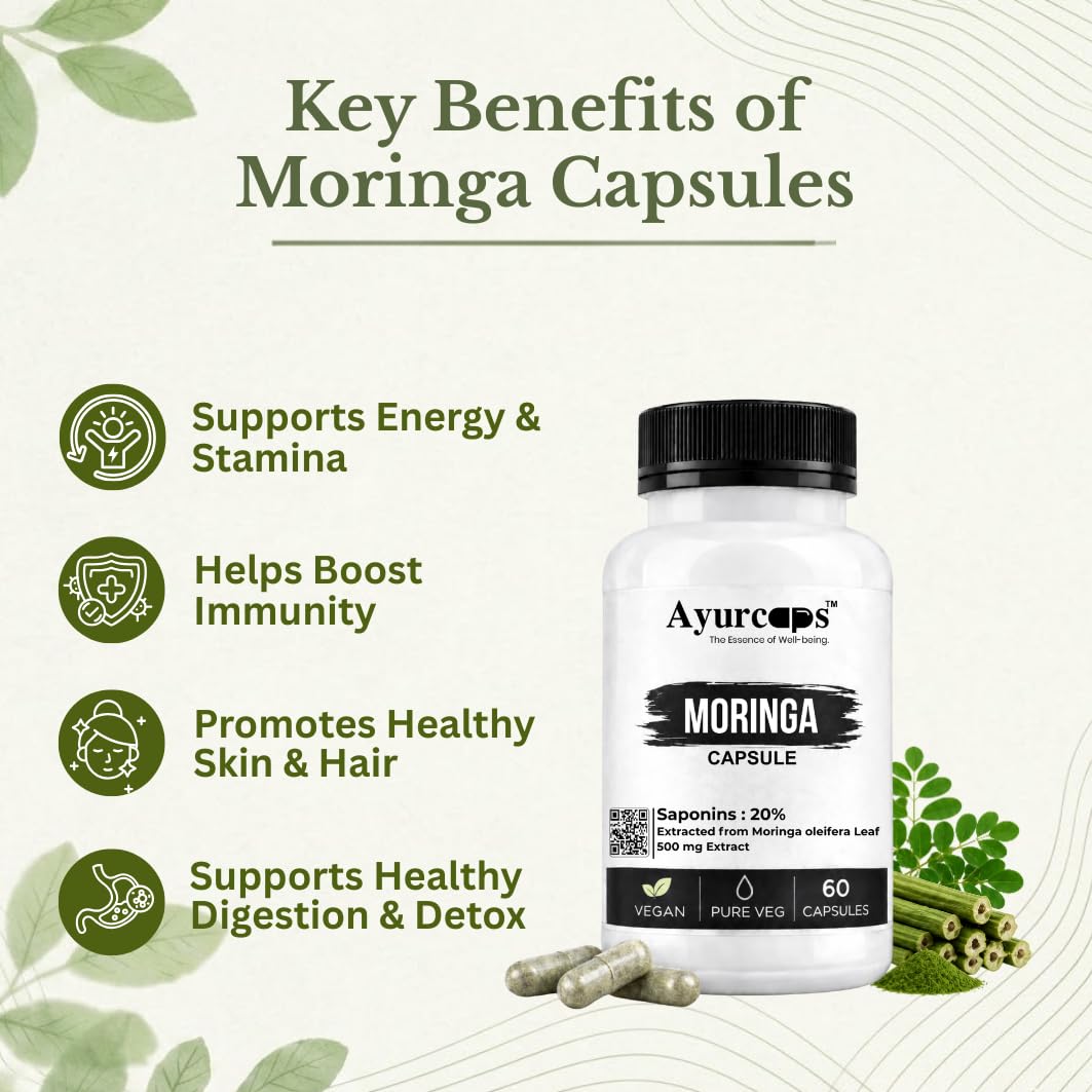 Ayurcaps Moringa Capsules | Moringa Leaves Extract 500mg | Herbal Ayurvedic Supplement For Daily Wellness, Energy & Active Lifestyle Support | Rich In Vitamins & Minerals | Vegan Pure Veg Capsules | 60 Capsules