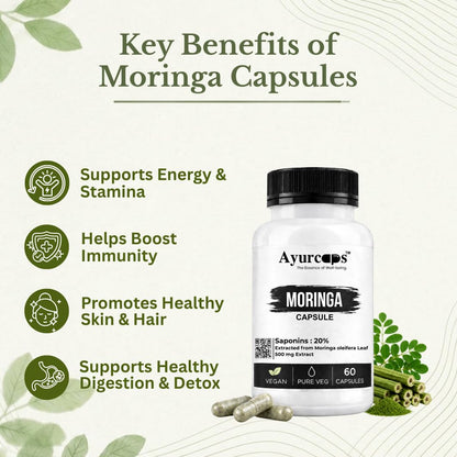 Ayurcaps Moringa Capsules | Moringa Leaves Extract 500mg | Herbal Ayurvedic Supplement For Daily Wellness, Energy & Active Lifestyle Support | Rich In Vitamins & Minerals | Vegan Pure Veg Capsules | 60 Capsules