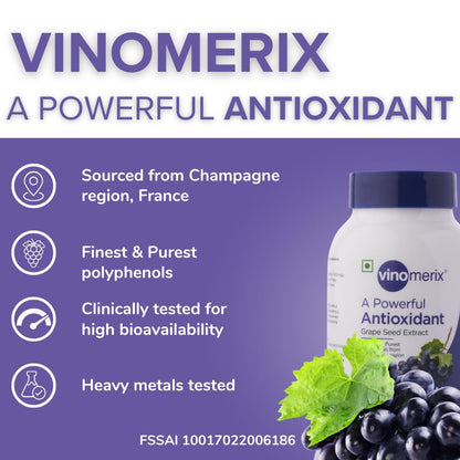 Vinomerix - Antioxidant, Grape seed extract | 95% Polyphenols | Helps in reducing blood pressure, oxidative stress and improve blood circulation | 600 mg - 60 Veg Capsules