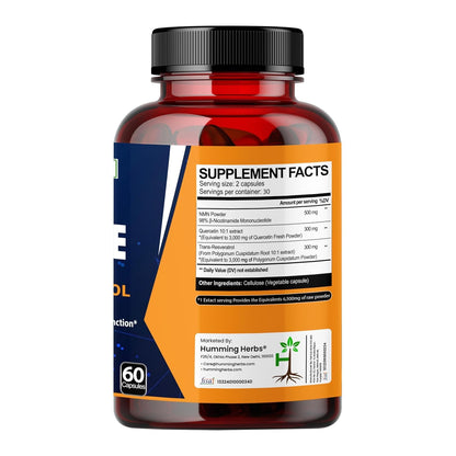 Humming Herbs NMN Nicotinamide Mononucleotide with Resveratrol & Quercetin | Supports Cellular Health, Boosts NAD+ Levels, Promotes Energy & Healthy Aging | Advanced Anti-Aging Formula 60 capsule
