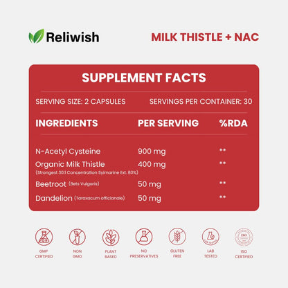 Reliwish Liver Detox Supplement | Milk Thistle with N-Acetyl Cysteine 900 mg | Supports Healthy Liver Function, Detox & Digestion | Plant-Based, Non-GMO | 60 Veg Capsules