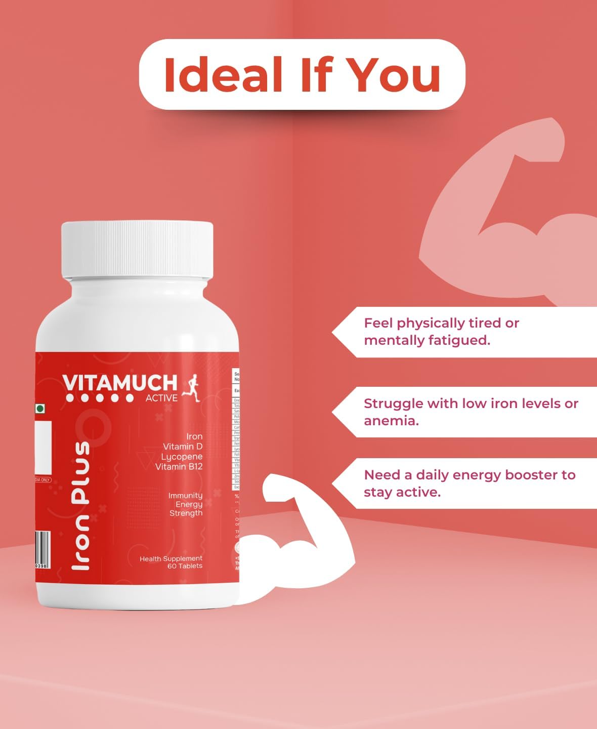 Multivitamin Tablets | Ferrous Fumarate, Folic Acid, Lycopene, B12, D2, Zinc | Increases Hemoglobin, Energy & Immunity | 120 Days Pack (120 Veg Tablets)