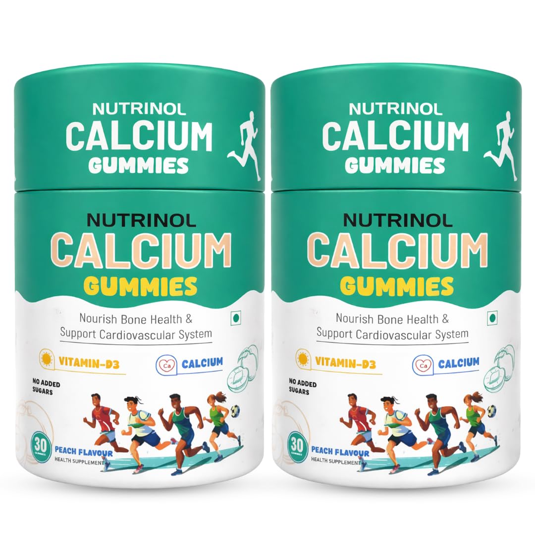 Knoll Healthcare Nutrinol Calcium Gummies with Vitamin D3 | Bone Health, Teeth Strength & Muscle Support | No Added Sugar | Peach Flavour Calcium Supplement for Men, Women & Kids | 60 Gummies