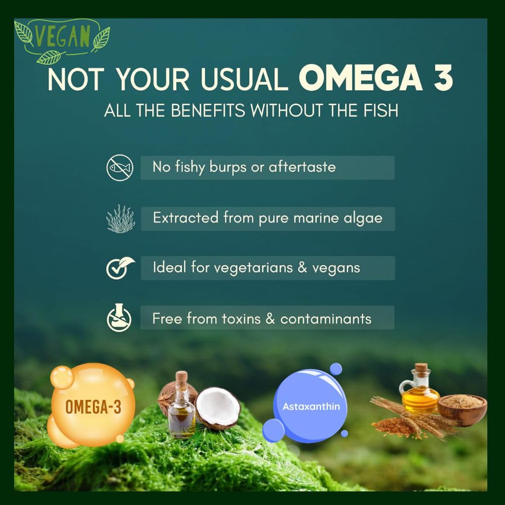 Vegan Omega 3 Oil – Algae Oil Omega with EPA DHA & Astaxanthin | Supplement for Heart, Brain, Eyes, Skin & Joints | High EPA DHA