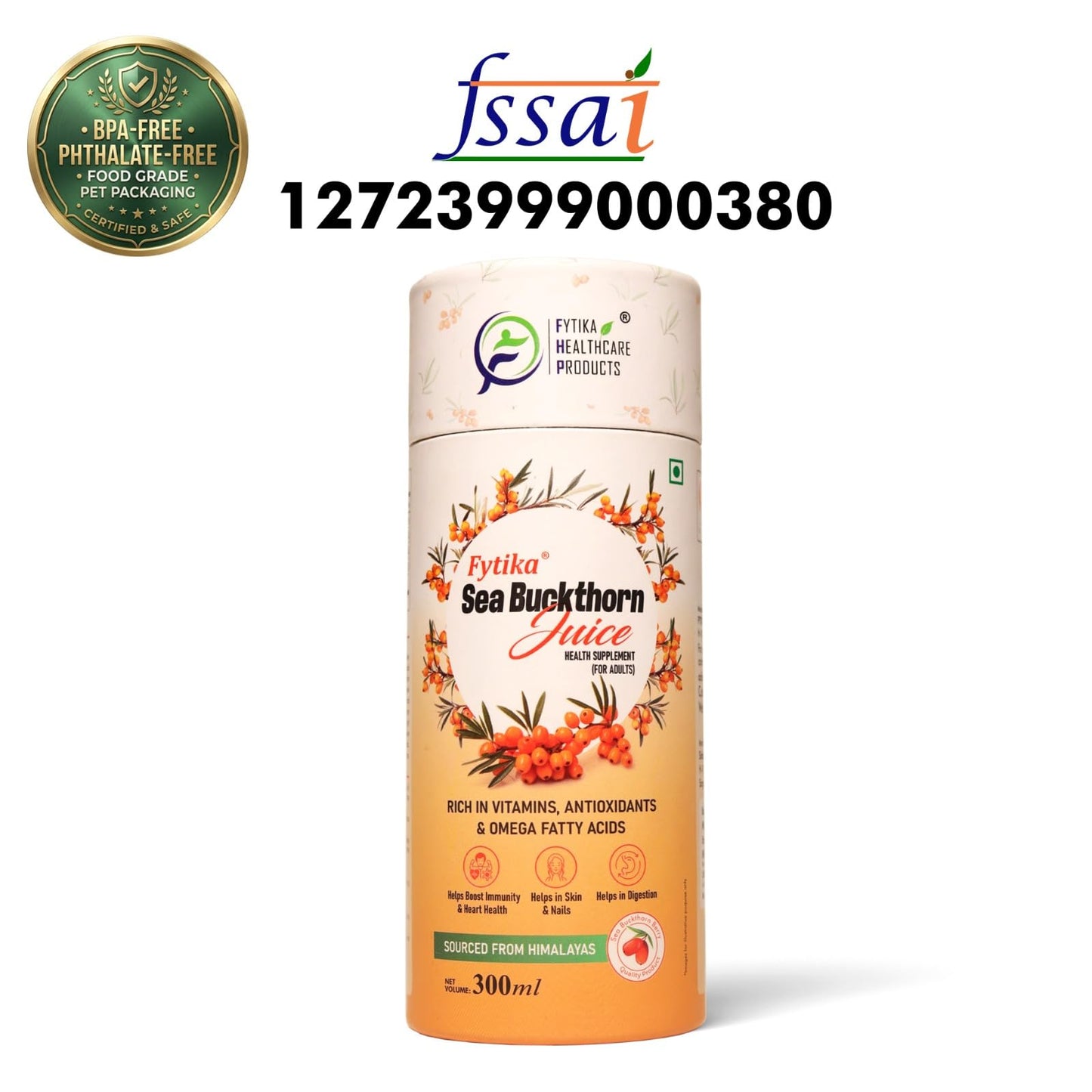 Fytika Sea Buckthorn Juice - 300 ML (PACK OF 1) | Pulp Concentrate Made for Your Total Body Care & Wellness | Rich in Vitamin C, Omega 3, 6, 7, 9 & Antioxidants | For Men & Women