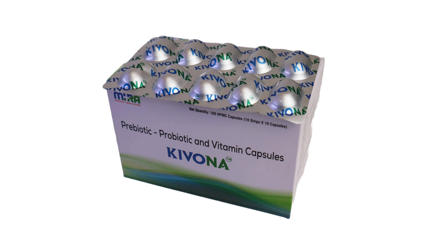 KIVONA from MIRA Healthcare. Prebiotic, Probiotic and Vitamin capsules, 1 strip of 10 capsules each