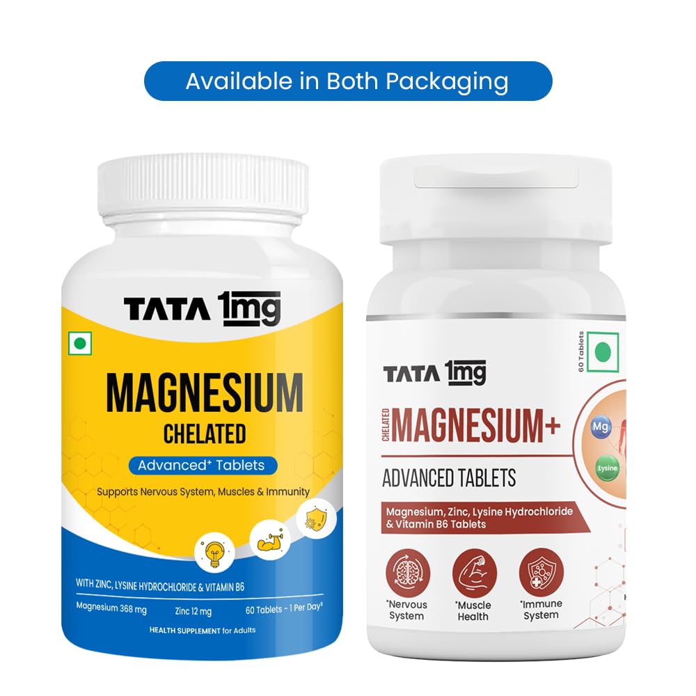 1MG Tata Chelated Magnesium Plus Tablets with Zinc & Vitamin B6-60 Tablets | High Absorption Magnesium Supplement for Women & Men | Supports Nervous System, Muscle Recovery & Immunity