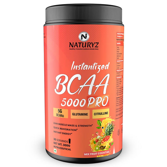 NATURYZ Instantized BCAA 5000 PRO |5G Vegan BCAAs | Glutamine | Citrulline | Electrolytes | 0 Added Sugar | Powerful Intra Workout Amino for Lean Muscle Growth, Strength, Quick Re-Hydration & Instant Energy - 300g(Mix Fruit Cocktail)