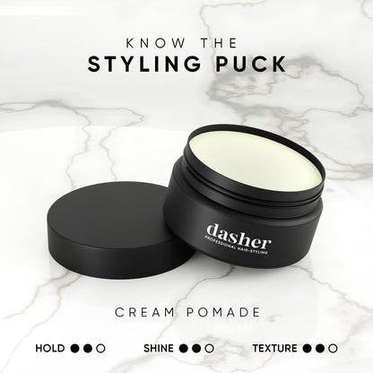 Dasher Cream Pomade For Men's Hair, Medium Hold & Medium Shine Puck, Pliable Hold & Water-Based, Texturizes Hair, With Avocado Oil & Biotin (100g)