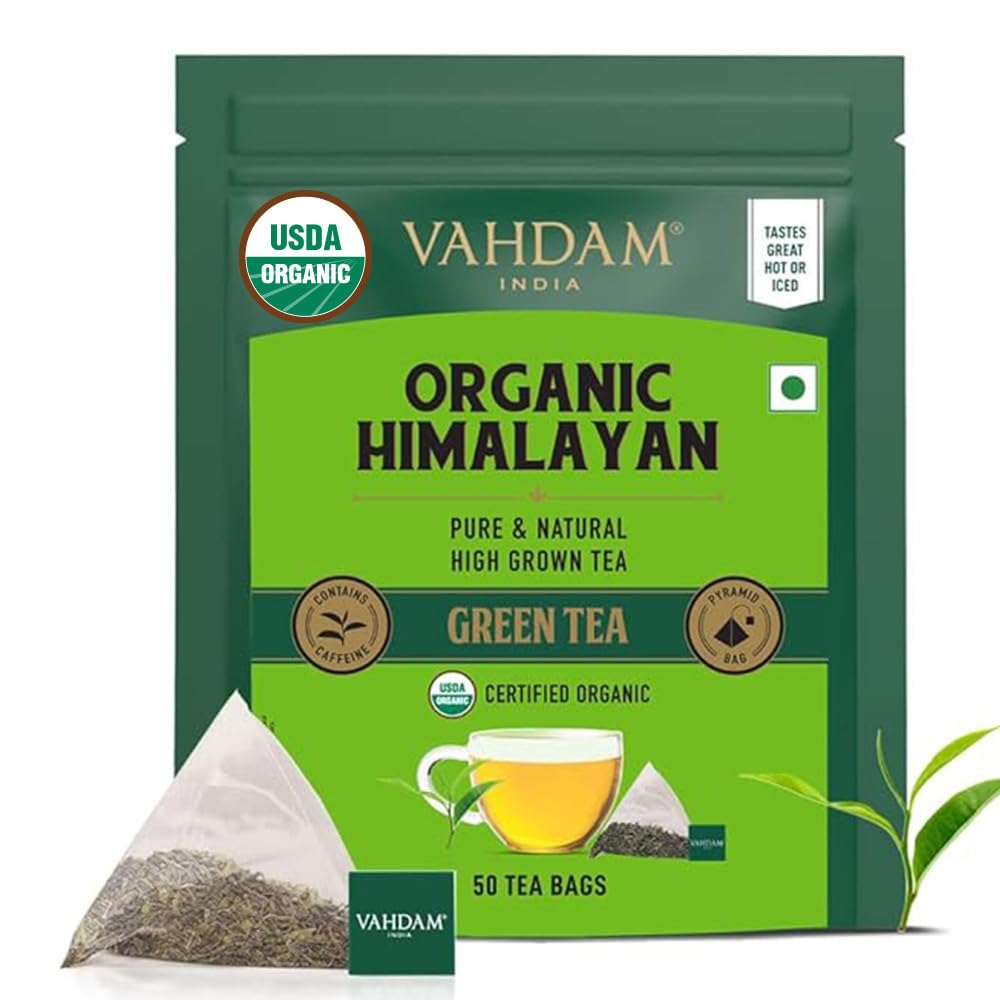 VAHDAM, Organic Himalayan Green Tea Bags (50 Green Tea Bags) Non-GMO, Gluten Free | Naturally High Grown Green Tea | Earthy & Smooth | Resealable Ziplock Pouch | Plant - Based Pyramid Teabags