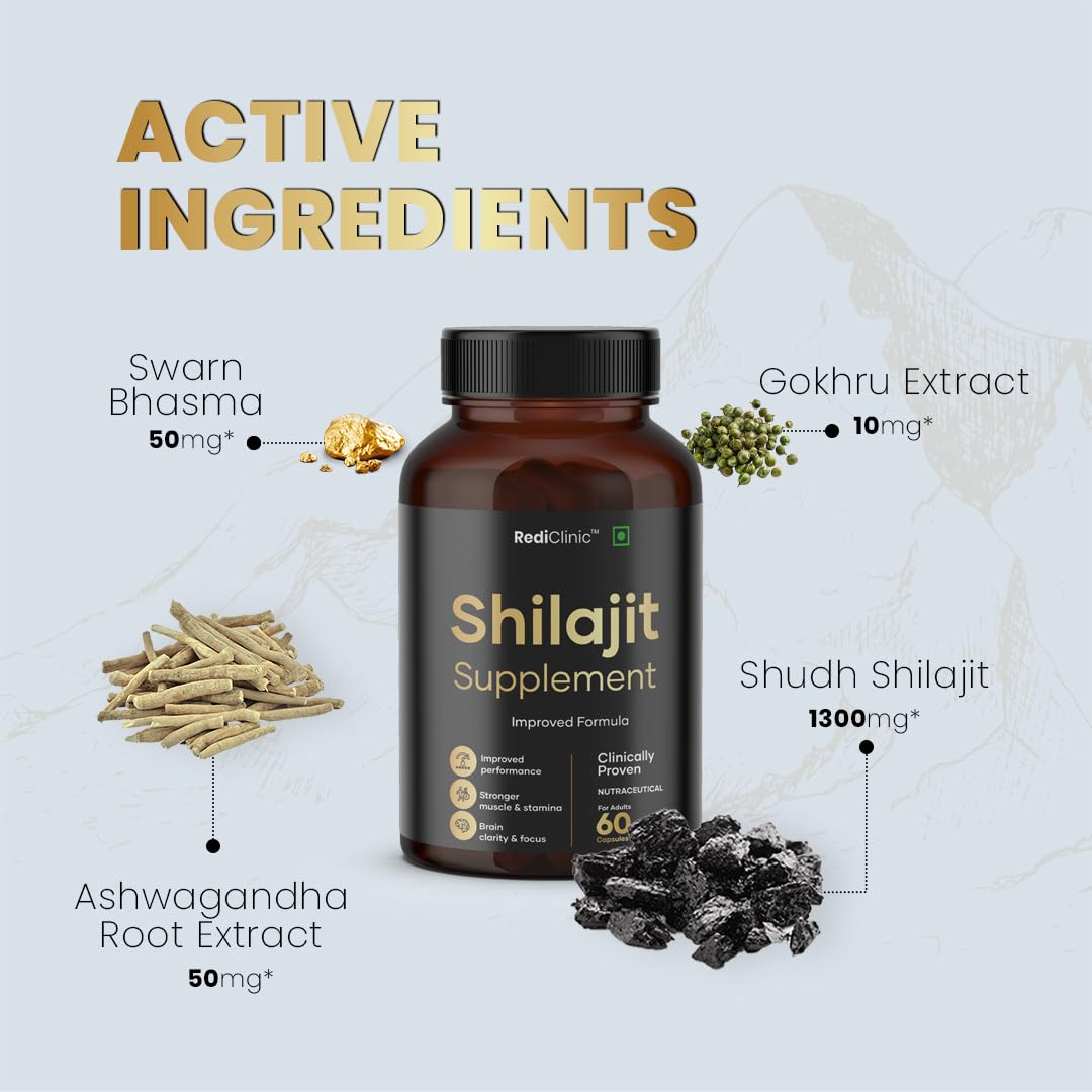 RediClinic Shilajit/Shilajeet Capsules for Stamina, Muscle Growth & Energy | Swarna Bhasma, Gokshura, Ashwagandha |Shilajit for Men | 100% Ayurvedic | Pack of 1-60 Capsules