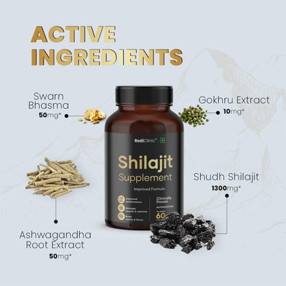 RediClinic Shilajit/Shilajeet Capsules for Stamina, Muscle Growth & Energy | Swarna Bhasma, Gokshura, Ashwagandha |Shilajit for Men | 100% Ayurvedic | Pack of 1-60 Capsules