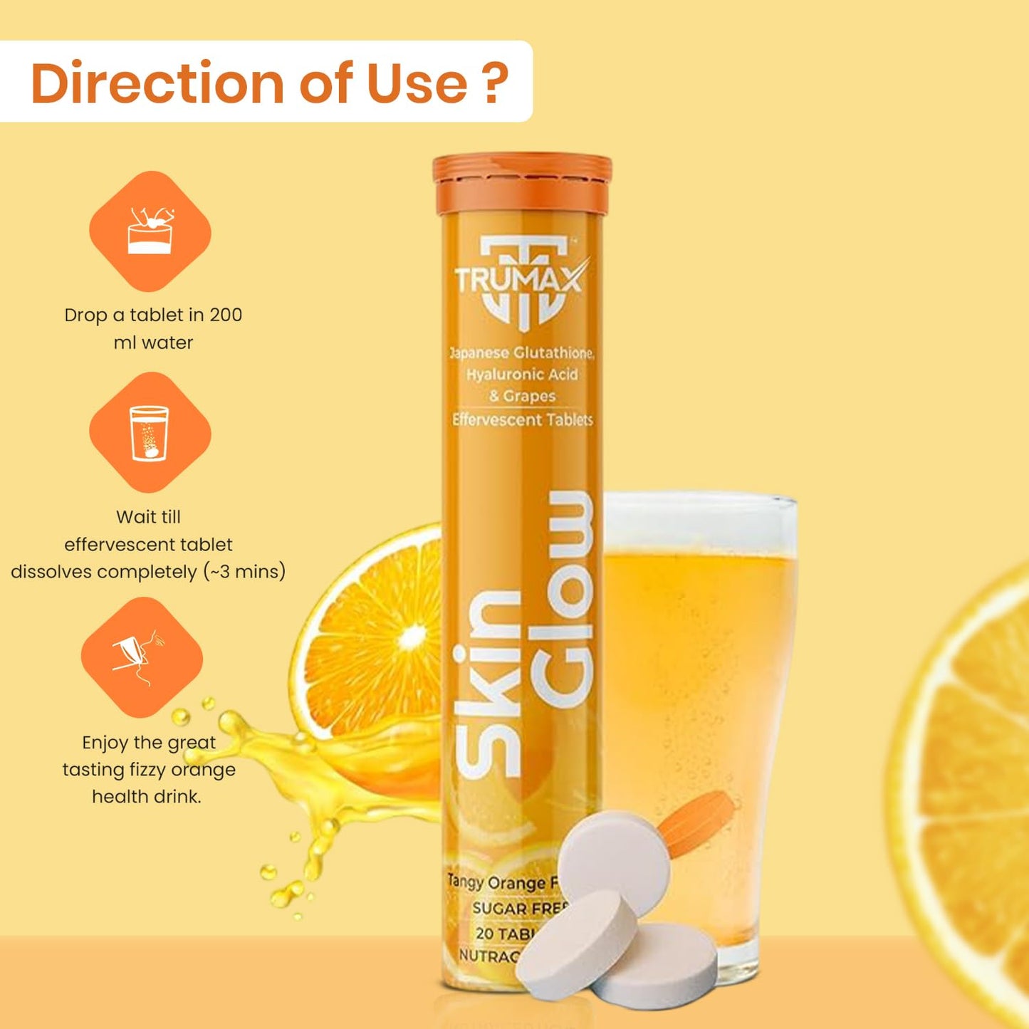 TRUMAX Skin Glow Japanese Glutathione Effervescent Tablets – Pack of 2 (40 Tablets) | 500mg L-Glutathione with Vitamin C & Hyaluronic Acid | Tangy Orange Flavor Skin Glow Supplement for Clear, Radiant Skin