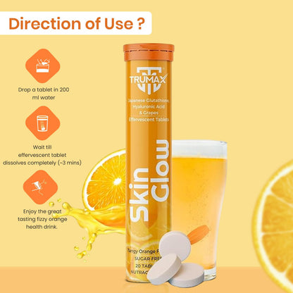 TRUMAX Skin Glow Japanese Glutathione Effervescent Tablets – Pack of 2 (40 Tablets) | 500mg L-Glutathione with Vitamin C & Hyaluronic Acid | Tangy Orange Flavor Skin Glow Supplement for Clear, Radiant Skin
