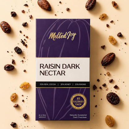Melted Joy Raisin Dark Nectar | Honey-Sweetened Dark Chocolate with Juicy Raisins | No Refined Sugar, No Additives, No Preservatives, No Hydrogenated Oil, No Palm Oil | Portion-Controlled 13g Bites | Diabetic-Friendly, No Sugar Spikes | Lab-Tested for Hea